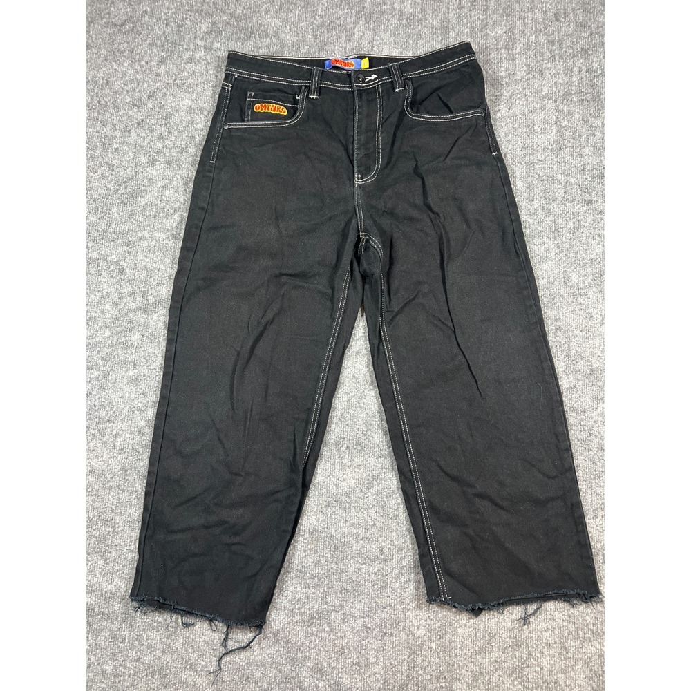 Empyre Relaxed Skate Jeans Mens 32 Black Denim Cotton Fringe Hem Cropped Y2k